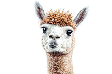 Obraz premium A close-up portrait of a fluffy light brown alpaca with a curious gentle expression against a stark white background.