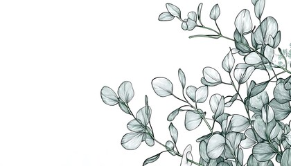 Illustration eucalyptus branches with leaves hand-drawn using green contour lines on a white background Abstract monochrome design with contemporary floral elements