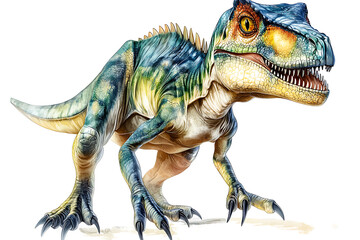 Fototapeta premium Detailed illustration of a blue and green dinosaur with sharp teeth and claws standing on a white background.
