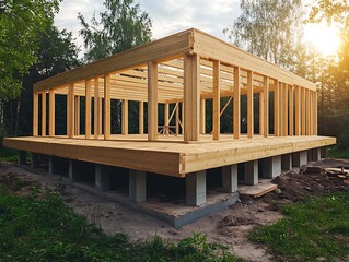 Wooden House Frame Under Construction Surrounded by Greenery Outdoors