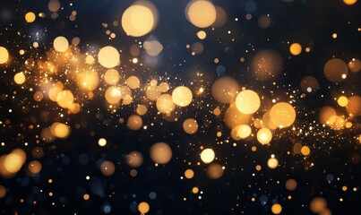 Dynamic swirling particles of golden light against a dark backdrop, creating depth and a magical celebratory atmosphere with rich warmth,