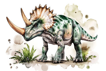 Watercolor illustration of a green and beige Triceratops dinosaur standing amongst vegetation against a white background with watercolor splatters.