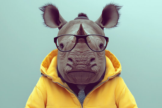 A rhinoceros wearing glasses a tie and a yellow jacket posing against a light blue background.