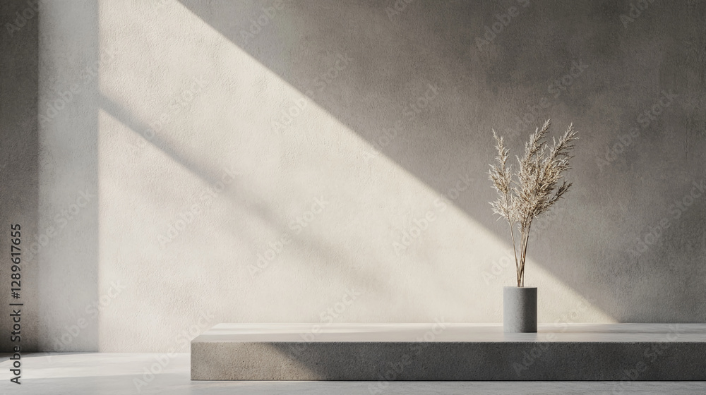 Poster minimalist interior with a concrete platform and a dried plant in a simple vase, with natural light 