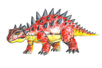 Fototapeta premium A red and yellow dinosaur drawing with many spikes.