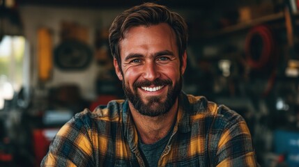 Obraz premium Smiling Caucasian Man in Flannel Shirt Posing in Garage Workshop with Tools: A Friendly Portrait of a Handsome, Bearded Middle-Aged Male Craftsman with a Gleaming Smile