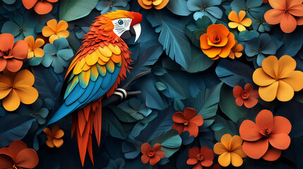 Obraz premium Scarlet Macaw in Tropical Paper Flowers