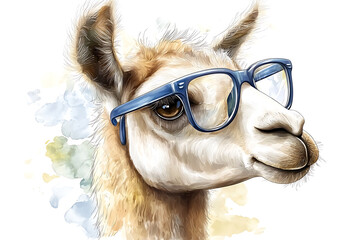 Watercolor illustration of a llama wearing blue-framed glasses with soft colors and a playful whimsical feel.