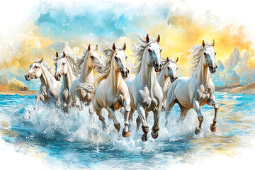 A painted scene shows a group of white horses gallop through turquoise waves under a warm sunny sky.