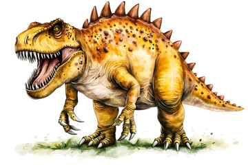 Fototapeta premium A yellow spiky dinosaur with a threatening posture sharp teeth and formidable claws stands on green-tinged ground.