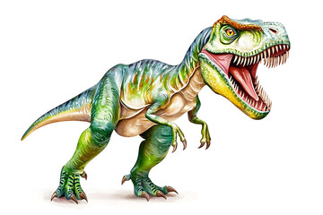 Obraz premium Colorful dinosaur illustration green and blue skin sharp teeth open mouth and powerful stance.