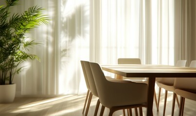 Elegant dining area with beige chairs, a sleek wooden table, and sunlight filtering through sheer curtains, minimalist decor with fresh greenery, bright serene ambiance