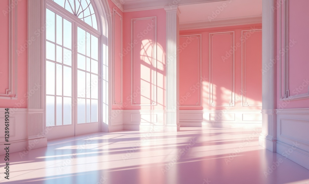 Poster elegant minimal interior with light streaming through tall windows, creating soft shadows on clean p