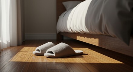 Cozy bedroom slippers resting on warm wooden floor bathed in soft sunlight creating a peaceful atmosphere of relaxation and comfort
