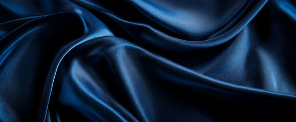 Fototapeta premium Close-up of deep blue satin fabric with smooth waves and texture, symbolizing luxury, elegance, and high-quality textile design for fashion and interior use