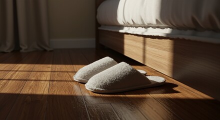 Fuzzy slippers resting on warm wooden floor, softly illuminated by morning sunlight, evoking a cozy and inviting atmosphere in a tranquil setting