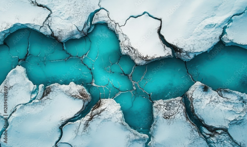 Poster minimalist aerial view of a smooth turquoise ice surface with intricate cracks and glowing highlight