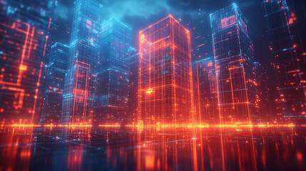 Naklejka premium Futuristic Cityscape Neon Glow Digital Architecture