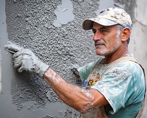 Worker carefully applying plaster on a textured wall