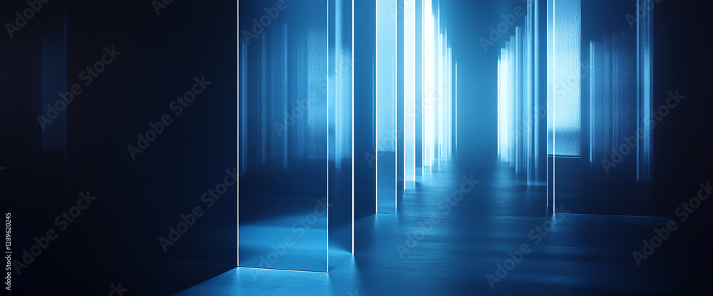 Poster futuristic blue corridor with glowing glass panels creating a high-tech digital environment, symboli