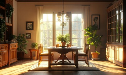 Elegant dining room with minimalist wooden furniture, warm ambient lighting, and potted greenery, large windows letting in bright sunlight, clean serene decor