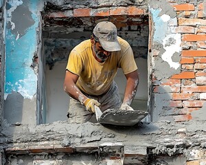 A construction worker uses a trowel for applying mortar