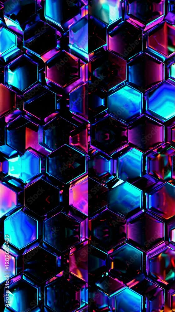 Aufkleber vibrant hexagonal pattern with neon colors, viewed from a top-down angle, creating a futuristic and 