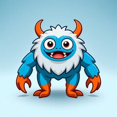 A friendly round blue creature with orange hands and feet, two small horns, waving on pale blue / Una criatura azul redonda con manos y pies naranjas, dos pequeños cuernos