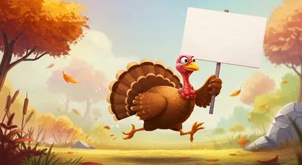 Fototapete Rund A cartoon turkey runs through an autumn landscape holding a blank sign. © Hoopster