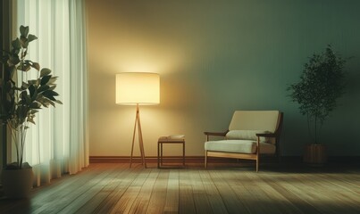 Minimalist living room with neutral-toned furniture, sleek wooden floors, and soft indoor lighting.