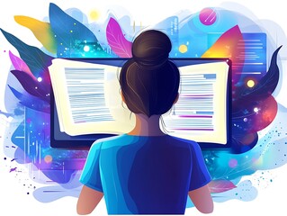 Girl reading a book on a computer screen