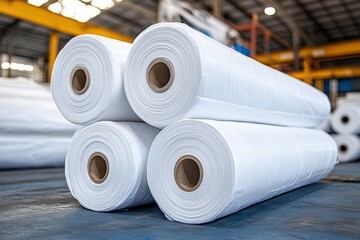 Stack of White Fabric Rolls in a Textile Warehouse, Capturing the Essence of the Manufacturing Process in a Modern Industrial Facility