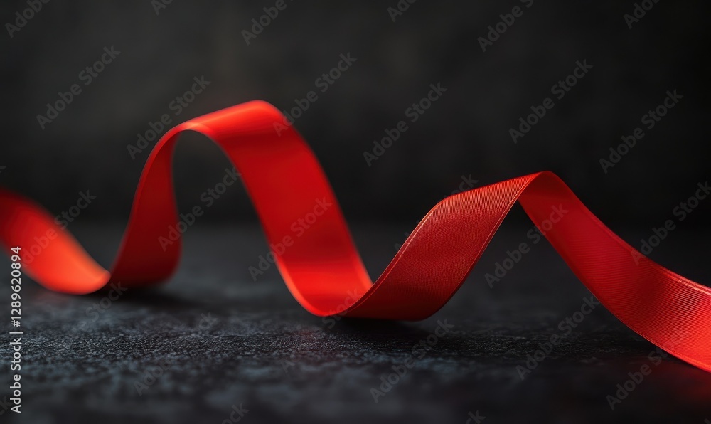 Poster macro shot of a bright red ribbon forming a loop against a dark textured surface, illuminated by sof