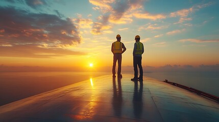 Two Construction Workers Watching A Sunset Over Ocean Waters