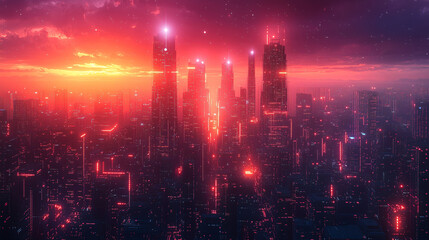 Fototapeta premium Cyberpunk Cityscape Sunset Neon Lights Futuristic Architecture