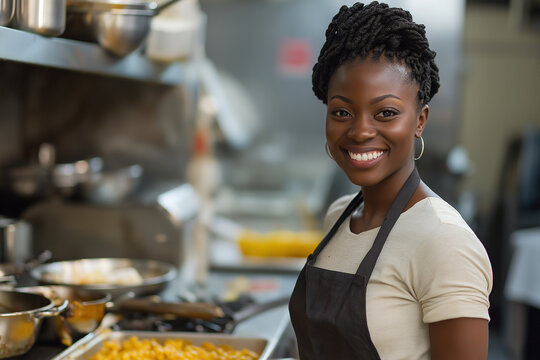 Smiling chef in kitchen apron cooking a happy meal in restaurant with culinary expertise