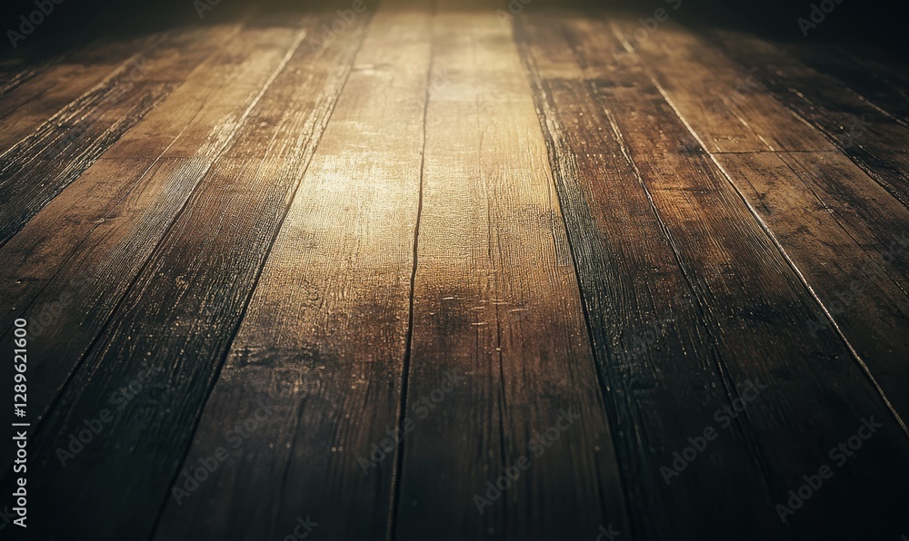 Poster dramatic rustic wooden floorboards illuminated by diffused light, emphasizing their textured pattern