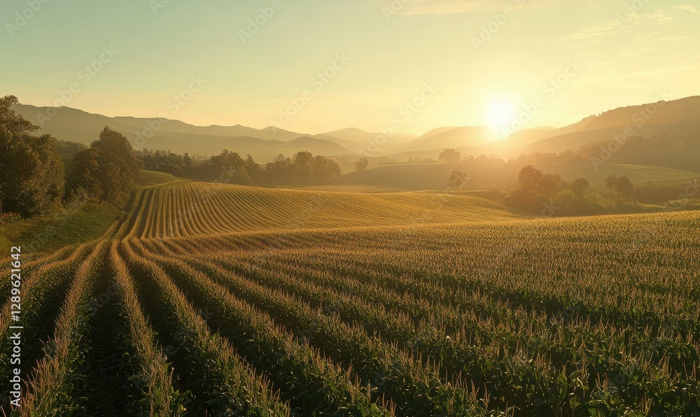 Poster sunset over vast fields with mountains in the background. tranquil.