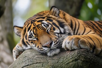 Obraz premium A majestic tiger peacefully rests on a tree branch, showcasing its beauty and strength in a natural setting.