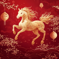 Golden horse with intricate floral patterns on a red background, symbolizing strength and prosperity in Chinese culture. Traditional lanterns and cherry blossoms enhance the festive design