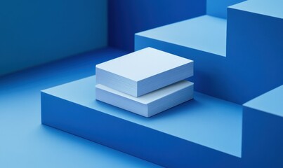 Minimalist design with blank white business cards placed on a sleek blue surface, softly lit to create a professional and modern presentation