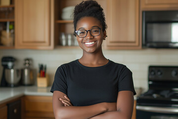 Fototapeta premium Smiling woman with glasses in a modern kitchen, portrait of a happy, casual chef at home