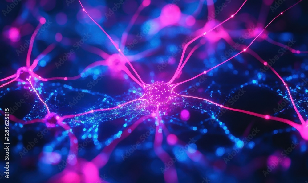 Poster macro shot of vibrant neon lines glowing dynamically in a futuristic network pattern, symbolizing co