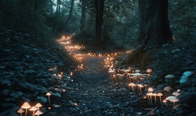 Magical enchanted forest scene at twilight, glowing mushrooms and softly lit foliage surrounding a mysterious pathway