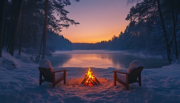 Winter campfire, snow-covered chairs, tranquil lake