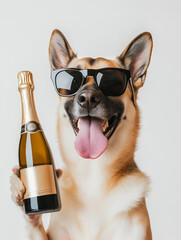 Shepherd dog in sunglasses holding champagne bottle at a celebration, happy and fun pet party