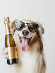 Dog posing with bottle and sunglasses, celebrating with style and humor at a fun party