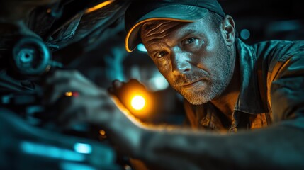 Close-Up of a Middle-Aged Male Mechanic Working on a Vehicle Engine in a Dimly Lit Garage, Focused and Determined Expression Underneath the Hood