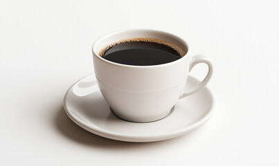 White coffee cup with black coffee on a saucer, isolated on a white background