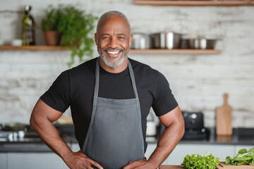 Chef in apron smiling in a modern kitchen with fresh ingredients on the countertop for preparation